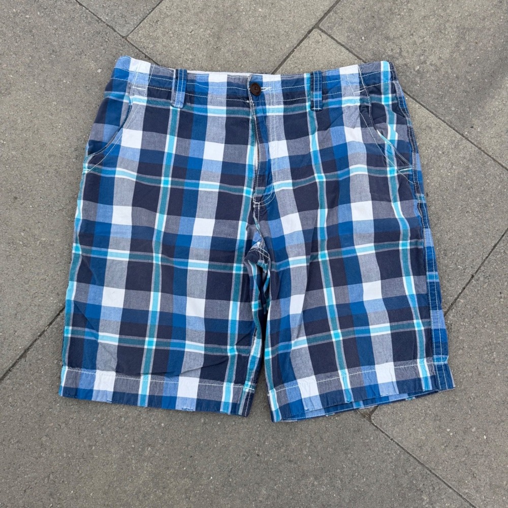 Aeropostale Mens Plaid Flat Front Shorts Blue White Cotton Size 34